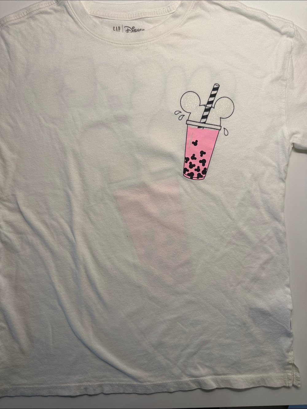Disney Gap Collab White T-Shirt with Pink Bubble Tea Mickey Graphic